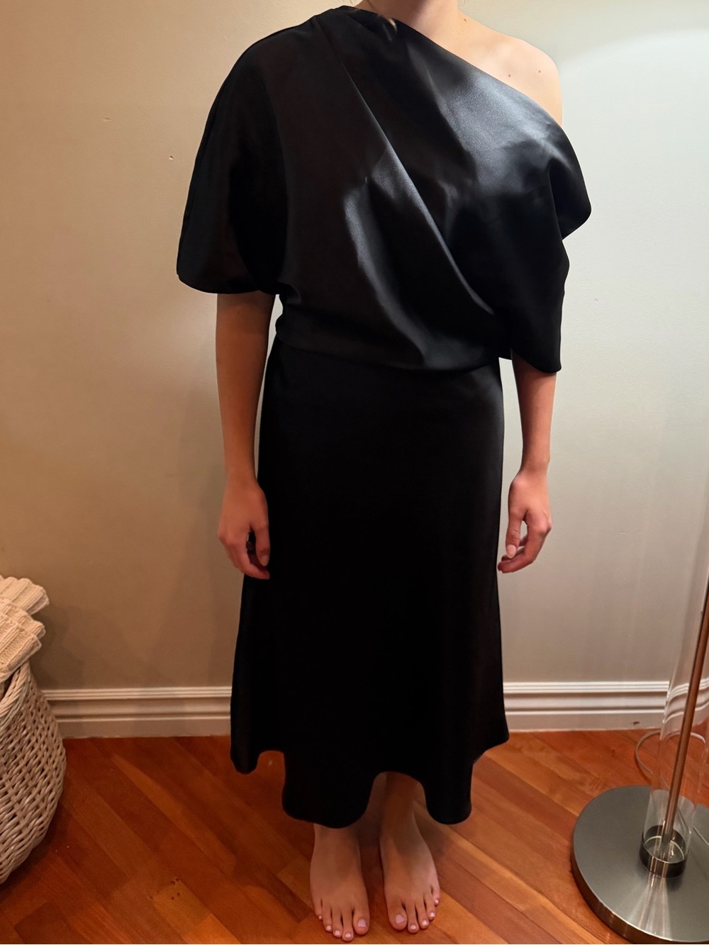 Amsale One-Shoulder Black Satin Midi Dress, BRAND NEW